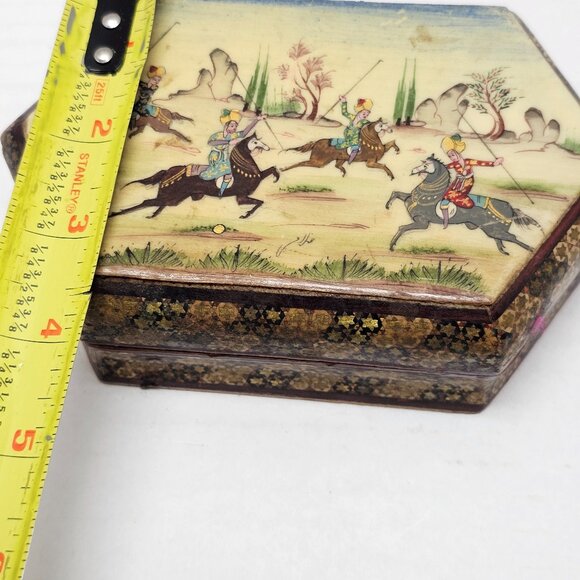 Vintage Persian Khatam Jewelry Trinket Storage Box Scene Battle Painting Warrior - Picture 15 of 16